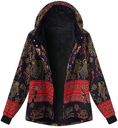 Damark Womens Coats Women Ladies Vintage African Boho Printed Fleece Thick Button up Hooded Oversized Coat Warm Winter Retro Outwear Top Coats and Jackets