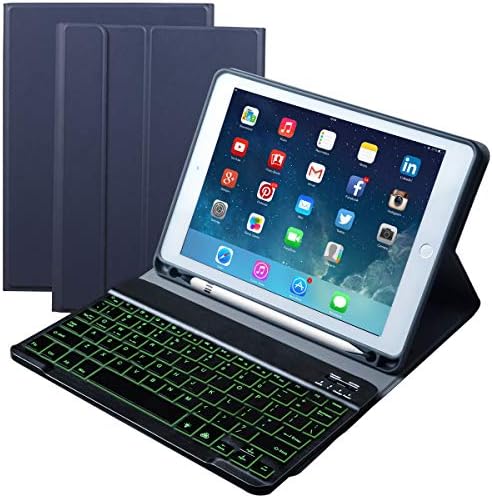 eoso iPad Keyboard case for New 2018 2017 iPad Pro 9.7 iPad Air 1, 2 7 Color Backlit with Detachable Quiet Slim Leather Folio Cover Built-in Pencil Holder(Pencil Blue)