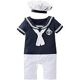 Dressy Daisy Infant Baby Boy Sailor Outfit Nautical Onesie Romper Bodysuit Costume Clothes with Hat, White Navy