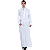 Men Arabic Long Sleeve Pure Color Thobe Crew Stand Collar Kaftan Robe with Button