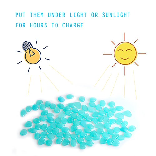 Unime Glow in the Dark Garden Pebbles Stones for Yard and Walkways Decor, DIY Decorative Luminous Stones in Blue (100 PCS)