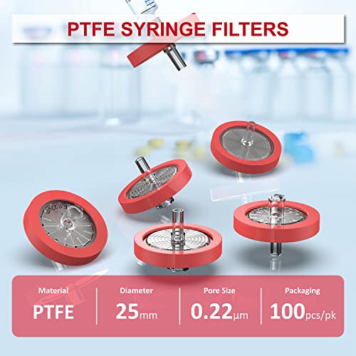 100 Pack Syringe Filters PTFE, Syringe Lab Filters 25mm Membrane