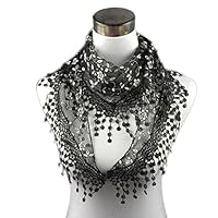 Miklan Elegant Lightweight Leaf Lace Embroidered Floral Tassel Sheer Gentle and Soft Triangle Mantilla Scarf Shawl for Ladies (Black)