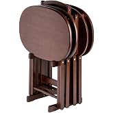 Furnifact Solid Wood Brown 5 Piece TV Trays Set Includes 4 Small Folding Tables with Oval Tops and Storage Stand, Ideal TV Tables for Eating Or Dinner Tray Table