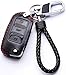 Leather Cover Etui Shell For Volkswagen VW Skoda Seat 3-Button Keyless Entry Remote Flip Car Key Fob Holder Protective Case Bag with Braided Key Chain & Key Rings Auto Accessories Gifts in Black