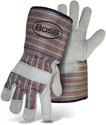 BOSSBoss 4046 Standard Grade Split Cowhide Gloves – Large, Leather Palm Gloves with Gauntlet Cuffs, Winged Thumbs