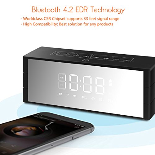Bluetooth Speaker Dual Driver, ZealSound Wireless Bluetooth Speaker with LED Clock, LED Display with Dimmer, FM Radio, Alarm Clock, Portable Wireless, Rich Bass, Built-in Mic, TF Card Play (Black)