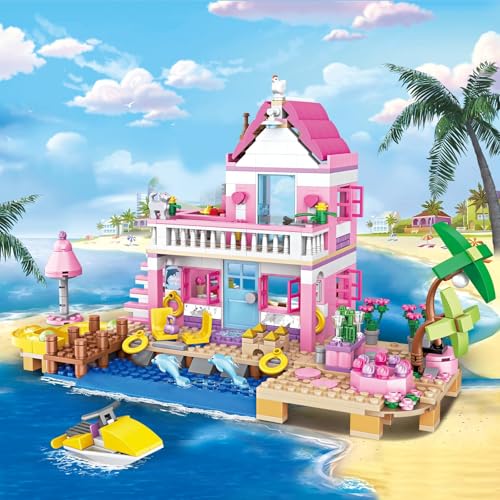 Uniiking® 822 PCS Beach House Building Set, Pink Girls Seaside Beach Villa Friends Building Set Compatible with Le-go Friends Construction Educational Toy for Kids Age 8-12 and Up