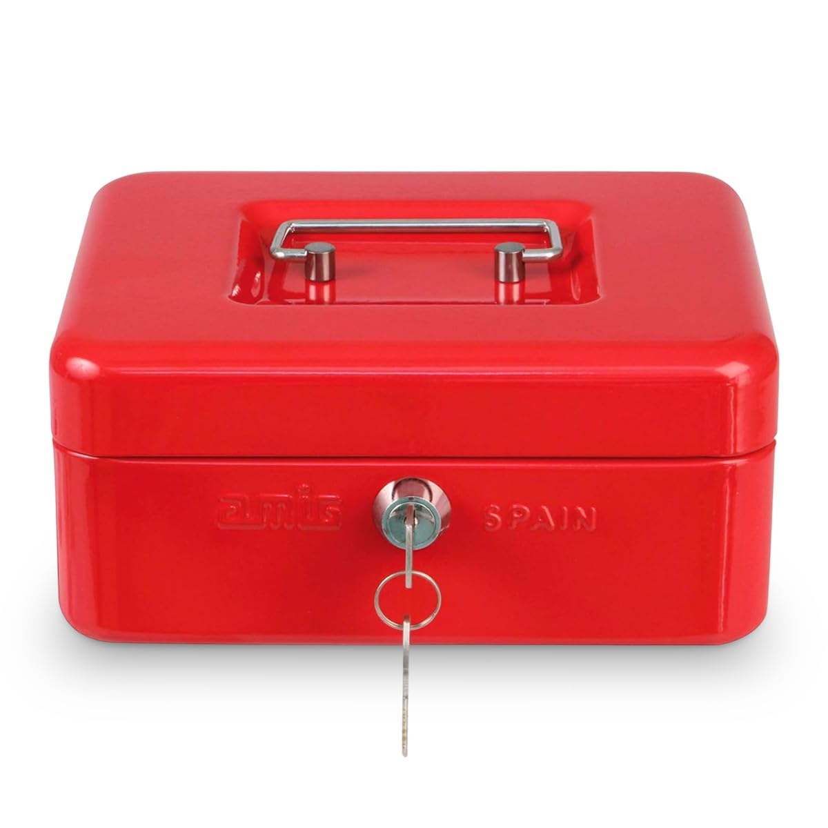 Amig - Steel Money Box | Secure Nickel-Plated Lock | Removable Coin Tray | Easy Transport Handle | Shockproof, Scratch-Resistant | Ideal for Shops & Offices | 200x160x90 mm, Red, Metal