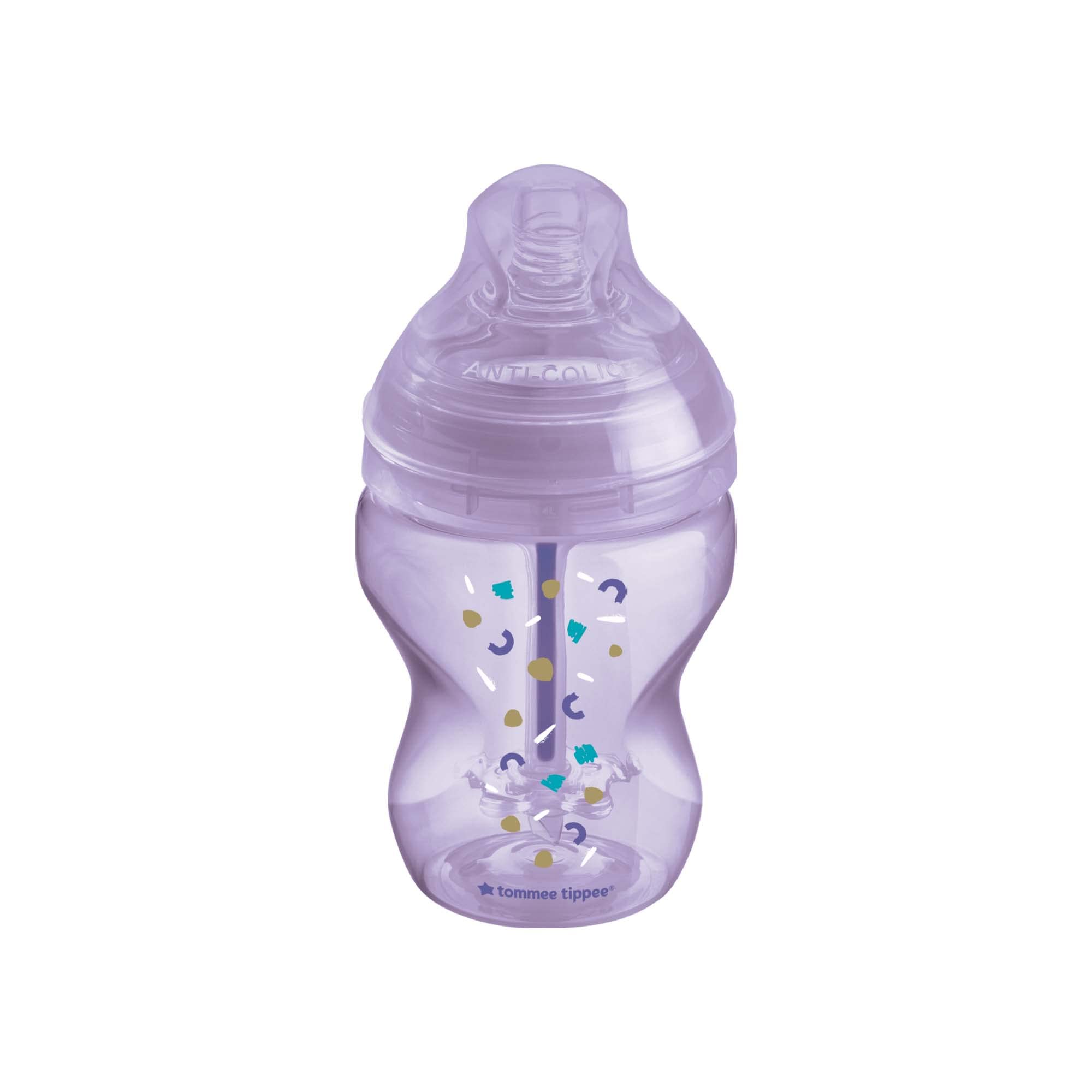 Tommee Tippee Advanced Anti-Colic Baby Bottle Super Soft Teat 0+ Months 260ml Pink with Decorations