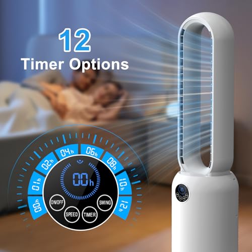 Bladeless Tower Fan, 90CM Tower Fan with Remote & LED Display, 24 Speeds & 12H Timer 90° Oscillating Pedestal Fan Cooling Bladeless Fan, Low Noise Standing Fan for Indoor, Bedroom, Home, Office
