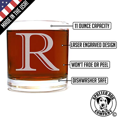 Etched Monogram 10.5oz Rocks Old Fashioned Lowball Glass for Whiskey Scotch Bourbon (Letter R)