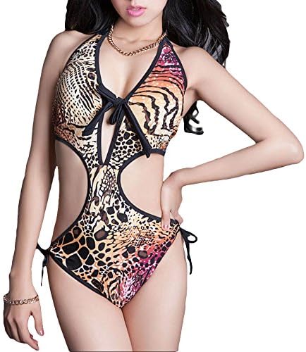 Olyer Leopard Print One-piece Bikini Lace-up Halter Swimwear Monokini Swimsuit(L (Chinese Size))