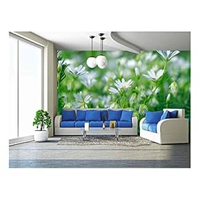 White Flowers in Meadow - Beautiful Nature in Spring - Removable Wall Mural | Self-Adhesive Large Wallpaper - 66x96 inches