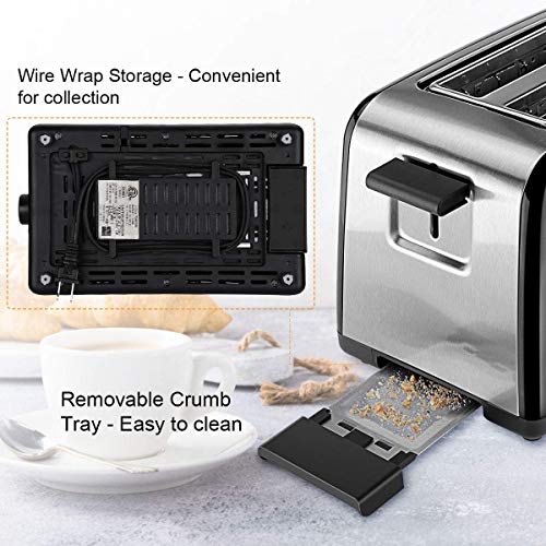 2 Slice Toaster, Compact Brushed Stainless Steel Toasters with Warmer Rack, Defrost Reheat Cancel Button with 7 Browning Settings and Removable Crumb Tray