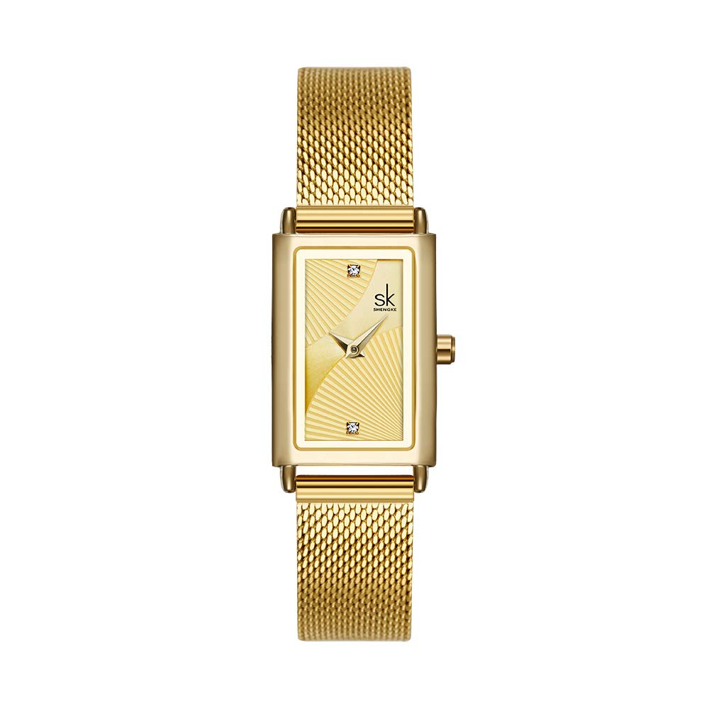 SHENGKE Minimalist Watch (Love Me Tender Love Me Home) Casual Fashion Wrist Watch Mesh Square Gold — image 1