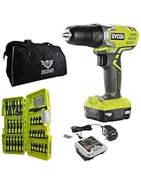 Ryobi HJP003 - Juego de brocas de 12 V, iones de litio inalámbricos de 12 V Kit de taladro conductor con batería de 12 V, cargador, juego de brocas de 34 piezas y bolsa de herramientas Buho de 15 pulgadas