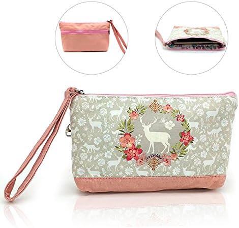 Canvas Phone Pouch, Pershoo Women Coin Purse Zipper Wallet Washable Clutch Hangbag, Flower Floral Leaf Cute Deer Carrying Case Pink Phone Organizer for iPhone X/8/8 Plus/7 Plus/6 Plus/6s Plus/5s/SE