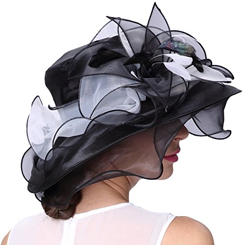 June's Young Women Race Hats Organza Hat with Ruffles Feathers (Black&White) - Thumbnail 4