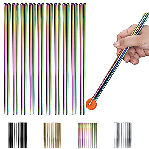 10 Pairs Reusable Chopsticks, Titanium Rainbow Plating Stainless Steel Metal Chop Sticks, Japanese Chinese Korean Chopstick Dishwasher Safe, 8.9 Inch (Coloful / Chop sticks)