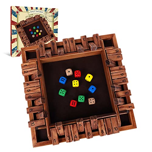 GOTHINK 1-4 Player Shut The Box Dice Game, 11.5-inch Wooden Board Table Math Game with 10 Dices - Math & Decision Skills for Adults/Kids, Perfect for Home Class Parties & Pubs - Classic Tabletop Fun