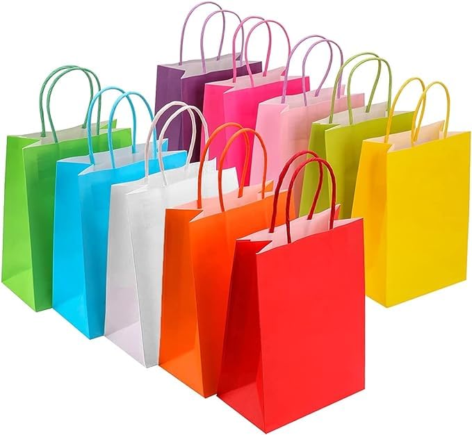 MoAL 30 Pieces Paper Party Bags for Kids Party - 10 Colors Paper Bags with Handles - Toy Gift Bag for Birthday Celebrations, Weddings, Christmas, Halloween and Baby Shower - Goody Paper Bag