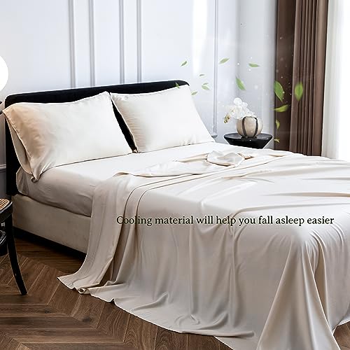 Simple&Opulence 100% Viscose from Bamboo Sheet Set 4Pcs, Cooling for Hot Sleepers, Soft Breathable Bed Sheets Set, 15" (38cm) Deep Pockets, Luxury Hotel Silky Bedding Sheets (Beige,King)
