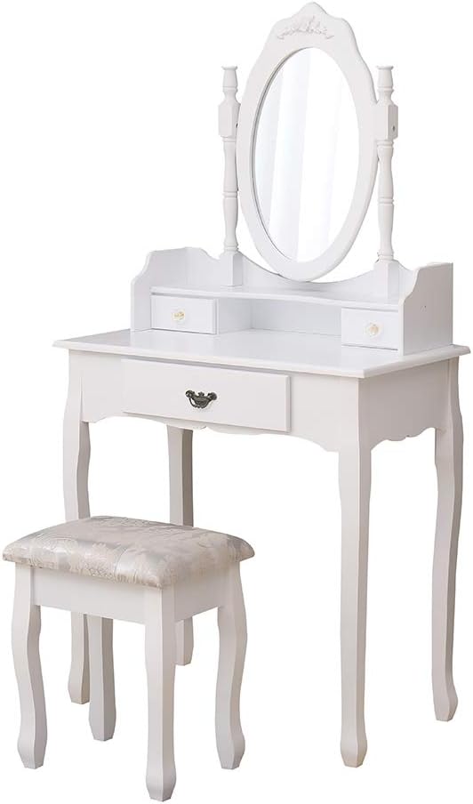 CFDZ White Bedroom 3 Drawers Dressing Table Set with Stool(75x40x145cm) Adjustable Mirror Chic Practical