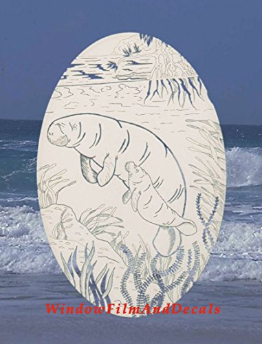 Oval Manatee Etched Window Decal Vinyl Glass Cling - 8" x 12" - White with Clear Design Elements