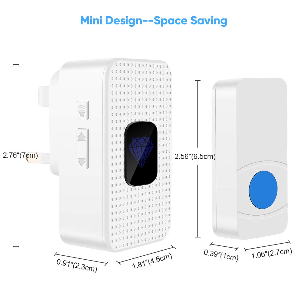 Wireless Doorbell Plug in 2 Receivers ，IP55 Waterproof Battery Door Chime Kit with 1000-Ft Range,55 Chimes,5-Level Volume & Blue LED Flash Light
