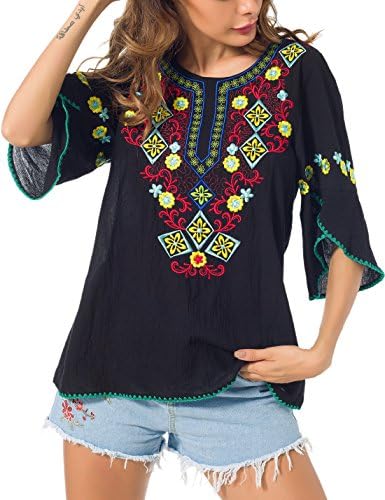 YZXDORWJ Women's Embroidery Mexican Bohemian Cotton Tops Shirt Tunic Blouses … (XH1702, M)