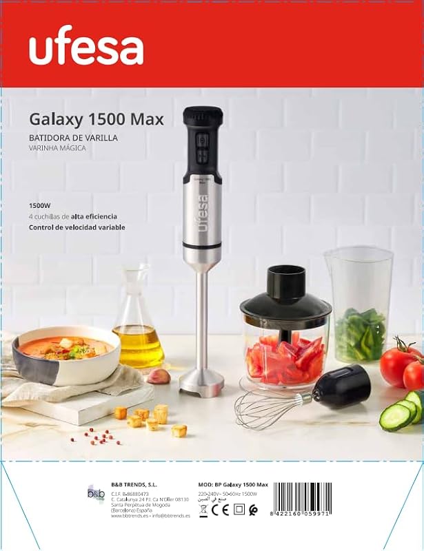 Galaxy Max Mixeur Plongeant, Puissance 1500 W, Contrôle de 24 vitesses + TURBO, 4 Lames Haute Efficacité, Design Ergonomique et Anti-éclaboussures, Accessoires Inclus, Sans BPA
