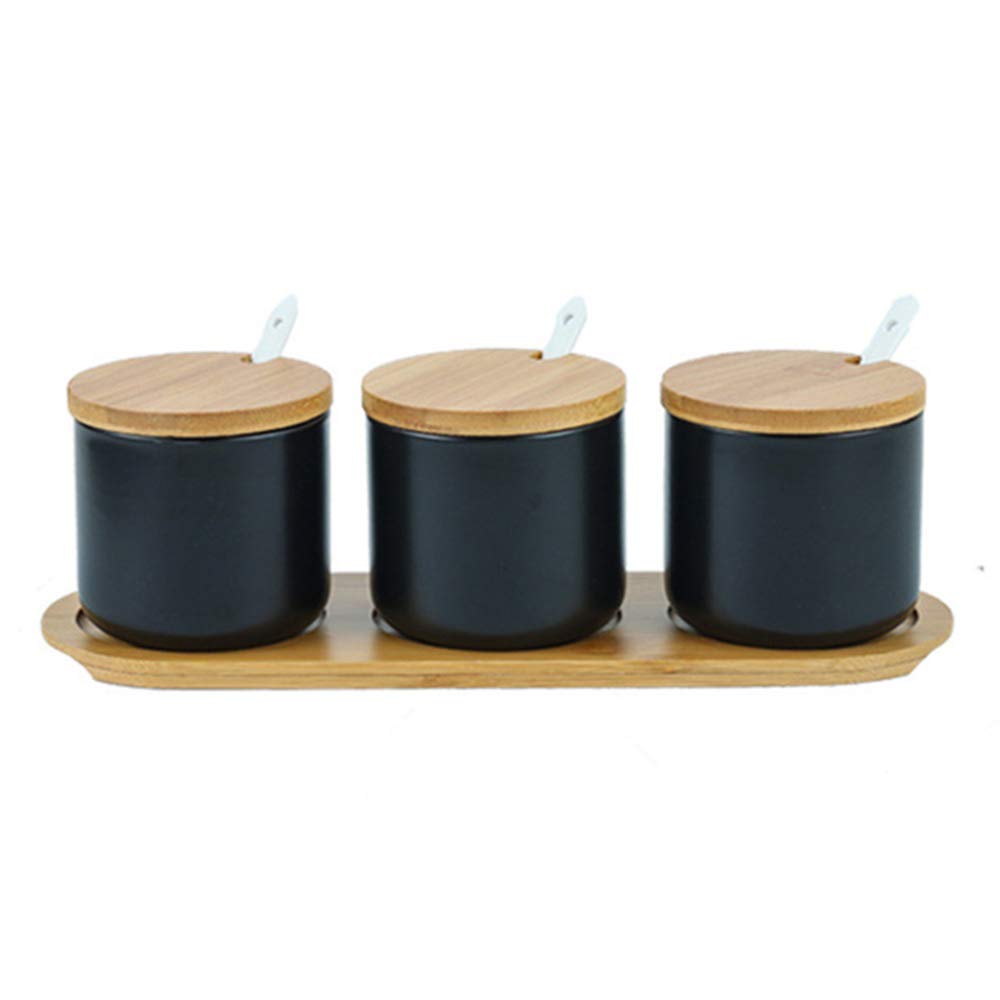 OnePine Set of 3 Sugar Bowl, 260ml Ceramic Spice Jar Salt Container with Lid and Spoon for Home and Kitchen