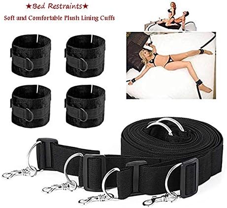 HXC_TECHA Handcuff Strap Set for Couple Bedroom Game Kit with Adjustable Soft Mattress Straps and Wrist Ankle Cuffs with Plush Lining, Black