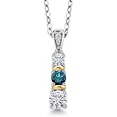 Gem Stone King 925 Silver and 10K Yellow Gold Round White Moissanite and Blue Diamond Pendant Necklace For Women (0.48 Cttw, Gemstone, with 18 Inch Chain)