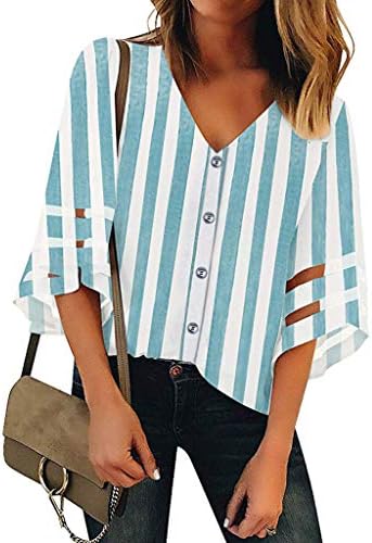 Pongfunsy Women's Summer Tops, Women's 3/4 Bell Sleeve Shirt Loose Casual Mesh Panel Blouse Trendy Patchwork Top 2019
