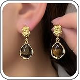 Yheakne Vintage Teardrop Tiger Eye Drop Earrings Gold Hammered Disc Stud Earrings Tiger Eye Gemstone Dangle Earring Brown Gemstone Teardrop Earring Jewelry for Women