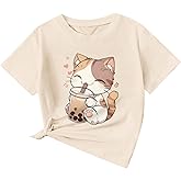 KEEVICI Cute Cat Shirts for Girls Graphic Tees Bubble Tea Tshirt Kids Kawaii Cartoon Animal Print T Shirt Summer Cotton Tops