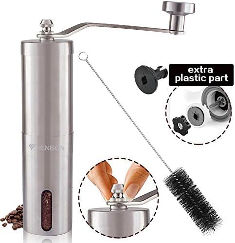 Manual coffee grinder - Conical burr mill - Ceramic coffee grinder - Camping coffee grinder - Manual burr coffee grinder – Set of brush and stainless steel grinder with adjustable grind settings
