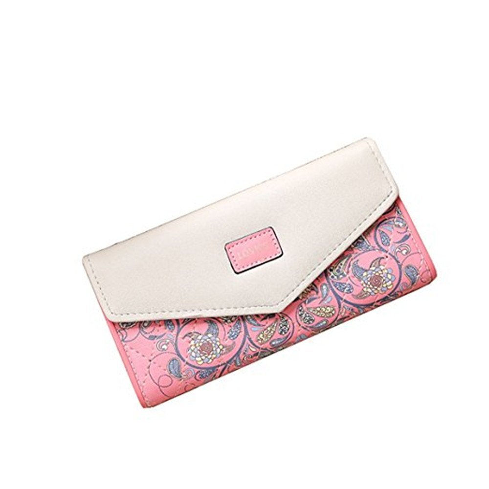 DWE Women Leather Wallet,Fashion Long Envelope Coin Purse ID Card Holder Handbag for Ladies Girls (Pink)