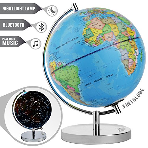 LED Light Up Globe with Bluetooth Speaker, Chrome Base and Detailed World Map - Constellations Glow at Night - Projects Star Lights on Ceiling as Nightlight - 12.5 x 9