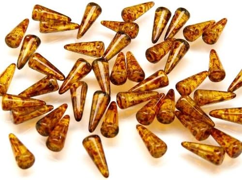 12 Pieces Czech Glass Spike Beads 5x13mm Amber Travertin