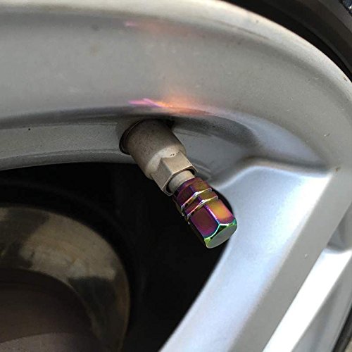Neo Chrome Rainbow Tire Stem Valve Caps Cover (Set of 4pcs) Aluminum with Gasket Rubber Rings Universal fit for All cars and Bike (Hexagon Style)