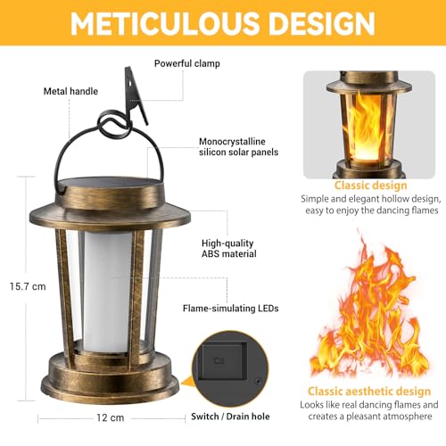 TuyLuxe Solar Lights for Outdoor Hanging/Standing, Solar Lanterns for Outdoor Warm White, IP65 Waterproof Retro Solar Lights, Garden Decoration with Clips for Outdoor Garden, 2 Pieces (Bronze, Flame