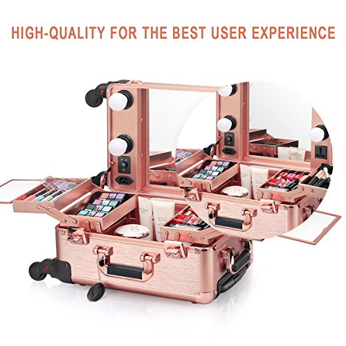 Ovonni Small LED Makeup Train Case, Lighted Rolling Travel Portable Cosmetic Organizer Box with Mirror and 4 Detachable Wheels, Professional Artist Trolley Studio Free Standing Workstation, Rose Gold