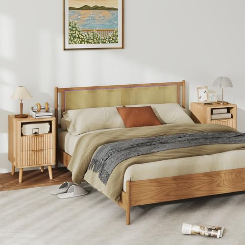 HOMCOM Fluted Nightstands Set of 2 with Charging Station, Modern Bedside Tables with 2 Drawers, Open Shelf, 2 Outlets and USB Ports, Side End Tables for Bedroom, Oak
