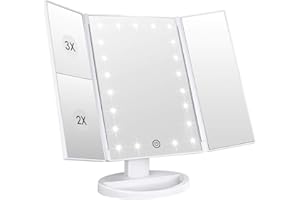 WEILY Makeup Vanity Mirror with 21 LED Lights and Touch Screen, Tri-Fold 1x 2X 3X Magnification,180° Adjustable Rotation and USB Powered,Countertop Cosmetic Mirror (White)