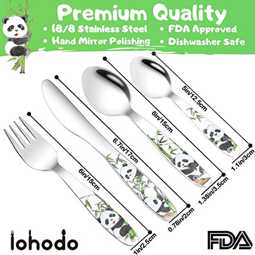 Kids Silverware Toddler Utensils Set Cute Panda 18/8 Stainless Steel Child Self Feeding Learning Cutlery Premium Fork Spoon and Knife Set 4 Pcs Baby Safe Flatware with Gift Box