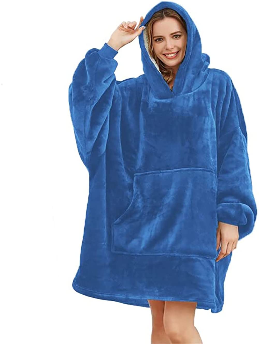 Unisex Wearable Blanket Hoodie, Oversize Hooded Sherpa Fleece Sweatshirt, Ultra Soft, Kangaroo Pocket, One Size Fits All, Easy Care, Machine Washable (Blue)