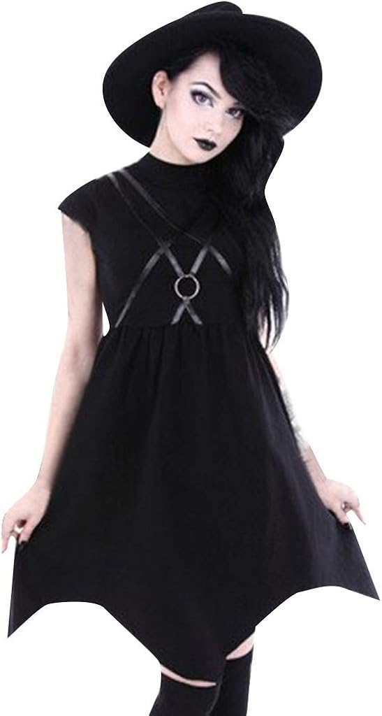 Goddessvan Women Summer Black Zipper Strap Dress Gothic Street Punk Wind Cosplay Party Cocktail Dress